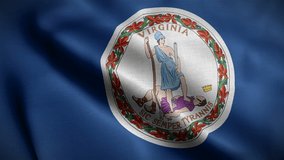 Closeup view of Virginia state flag. The states great seal and symbol. One of the USA 50 states. Flag waving and blowing in wind. loopable 16 seconds video. High quality cloth textures. 