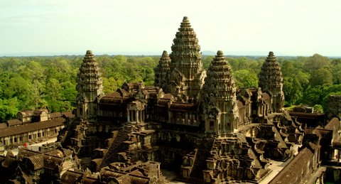 Aerial panorama of Angkor Wat in Cambodia.