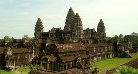 Aerial pan around Angkor Wat temple in Cambodia.