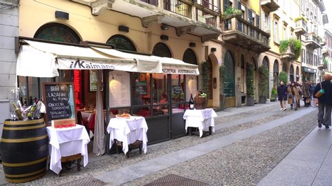 Italy , Milan February 2020,  Brera district famous for restaurant and pub  - people and tourist visiting downtown of the city
