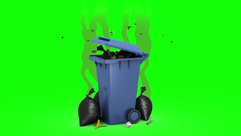 Smelly Trash Can and Garbage bags. 3D animation. Green screen, loopable.