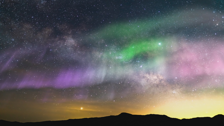Aurora Borealis Milky Way Time Lapse Southeast Sky Mountain Peaks Simulated Northern Lights | Shutterstock HD Video #1046730553
