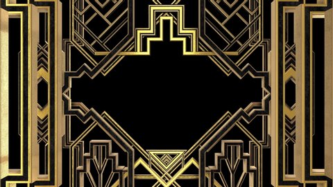 Art Deco Gatsby Golden Frame animation. Incl ALPHA MATTE. Ideal 4K 3D intro or transition for TV show, documentary movie, catwalk stage design or The Great Gatsby and 1920s theme related projects.