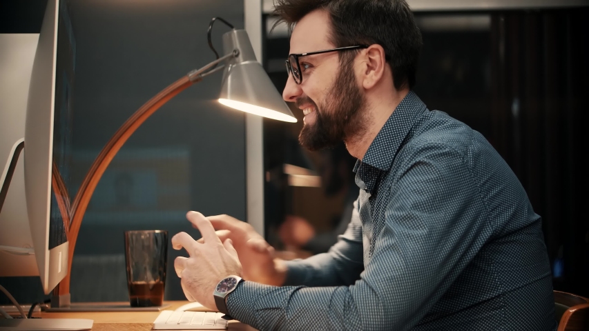 Helpdesk Internet Online Meeting Conference In Office Webinar Talking On Webcam.Speaker With Computer Video Call.Businessman Remote Workplace Chatting Colleague.Businessman Online Technology In Office | Shutterstock HD Video #1046739475