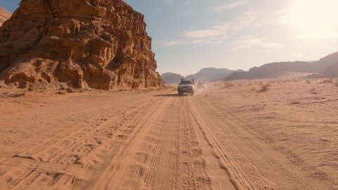 Wadi Rum / Jordan - 11 01 2019: Pickup truck joins the Wadi Rum desert tour
