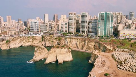 Roucheh rocks in Beirut, Lebanon in the sea in 4K quality , Pigeon Rocks in Mediterranean sea.
