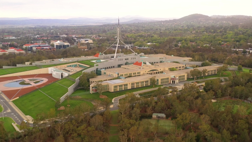 Aerial drone view of Australian Parliament House in Canberra, the capital city of Australia, in the early morning 