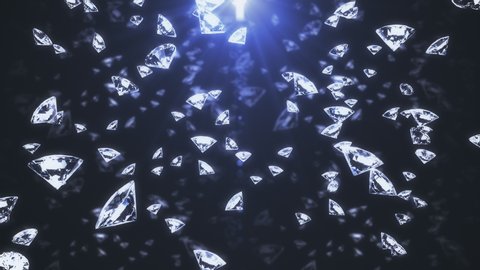Abstract backdrop with slowly falling diamonds or gem crystals. Brilliants are falling on blue background shining in sunhine rays. Animated 3d rendering seamless loop 4K video.