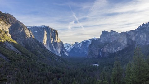 Yosemite Valley Tunnel View at Sunrise in Winter. Sunny Morning. California, USA. Time Lapse