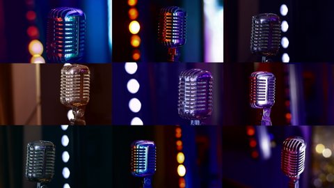 Madrid, Spain, February 17, 2020.Collage of Vintage microphone in a retro club. Spotlight glare
