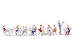 People eating and drinking wine and coffee in the cafe. 2d, animation, cartoon, illustration, sketch, clip art, vector. Web page sign in black and white. Alpha channel. Time lapse.