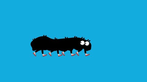 Funny walking caterpillar with red shoes. Cartoon animation. Seamless loop.