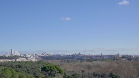 Madrid, Spain. City skyline with the Cathedral de la Almudena and Madrid Royal Palace. Zoom in