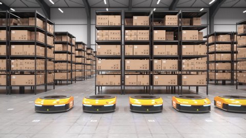 Row of autonomous robots start moving shelves with cardboard boxes in automated warehouse. Tracking shot. Automated warehouse of the future concept. Realistic high quality 3d rendering animation.