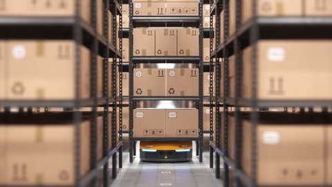 Autonomous robot or AGV moves rack with cardboard boxes in automated warehouse. Seamless looping POV shot. Automated warehouse of the future concept. Realistic high quality 3d rendering animation.