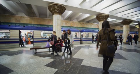 Tashkent / Uzbekistan - 11 25 2019: The Tashkent Metro built in 1977. Prominent architects and artists of Uzbekistan and USSR took part in designing the stations. Interior décor features solid and sta