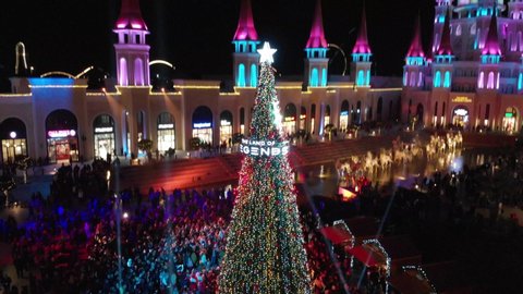 Belek, Antalya, Turkey - December 25, 2019: Flying over the christmas tree in Land of Legends