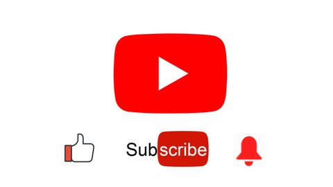 A motion graphic video animation illustrating the YouTube social media website logo app icon, like button, subscription button and bell button
