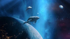 Fantastic Dream Of Flying Whales In Space With Nebula Stars And Planets. Two Whales Above The Planet Earth. Take Me To The Dream Concept