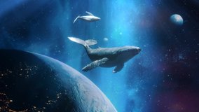 Fantastic Dream Of Flying Whales In Space With Nebula Stars And Planets. Two Whales Above The Planet Earth. Take Me To The Dream Concept - Powered by Shutterstock - Get 15% off with code: PIKWIZARD15