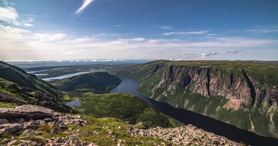 Gros Morne National Park, Newfoundland, Canada. Time lapse of ten mile pond day/evening from the top of Gros Morne Mountain. Includes 3 shots - Stationary, zoom out, and the same view 3 years earlier.