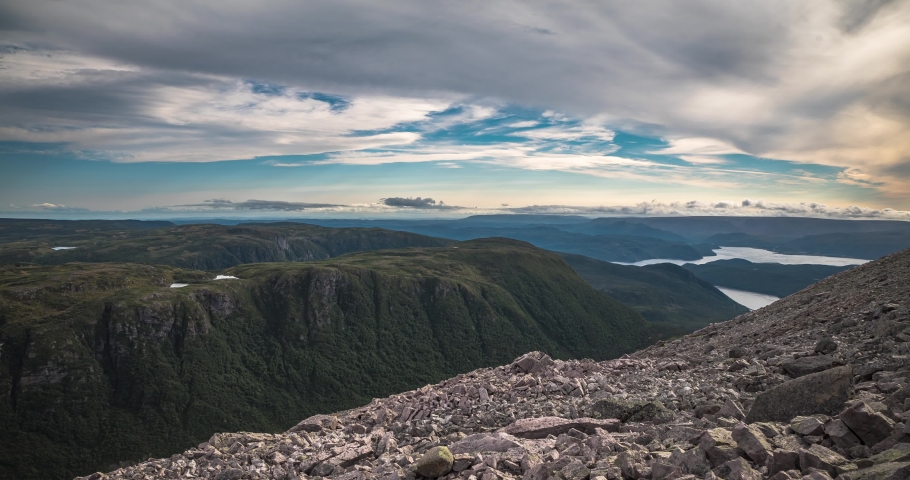 Gros Morne National Park, Newfoundland, Canada. Time lapse from the top of Gros Morne Mountain with views of mountains, ponds, Bonne Bay, east/south arm & Norris Point. Includes 2 versions.
