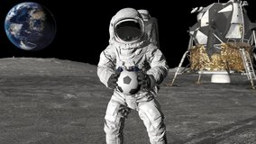 3d rendering Astronaut on the moon playing football. Slow motion. Elements of this video furnished by NASA.