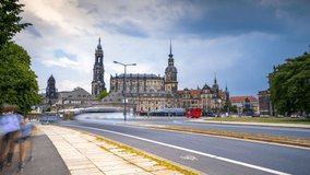 Dresden street traffic view time lapse hyperlpase video in 4k. View of dresden cathedral church and opera from street side.