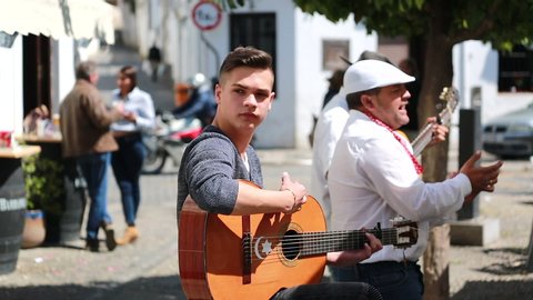 Granada, Spain - April 3, 2017: Young Man Playing Flamenco Guitar On The Street, Flamenco Performers, Spanish Guitar Group, Granada Andalusia Spain - HD Video
