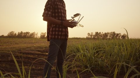 IoT smart agriculture industry 4.0 and society 5.0 concept.farmer working in farm.Young farmers use drones to monitor the area around the farm, and then send that information to the glasses Vr.