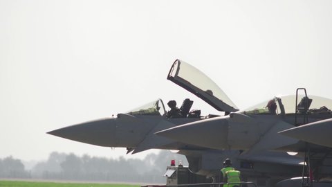 Lincolnshire , England / United Kingdom (UK) - 11 03 2019: Euro fighter Typhoon jets in RAF coningsby, Lincolnshire preparing for take off