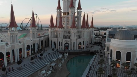 Belek, Antalya, Turkey - December 25, 2019: Aerial view of beautiful castle in Land of Legends theme park