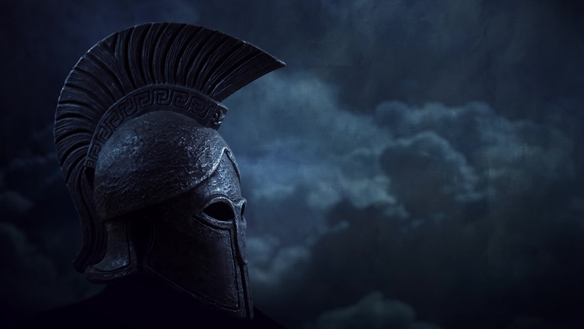 Ancient Spartan (Greek) warrior helmet animated background loop, with copyspace . Suitable for TV documentaries, history information etc. | Shutterstock HD Video #1046857246