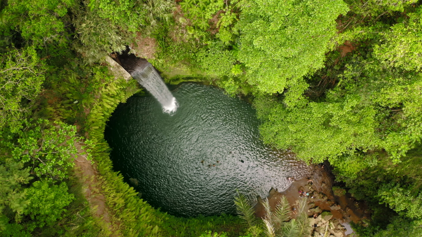 Aerial top down drone view at fantastic cozy secret waterfall, Bali, Indonesia, 4k. Drone goes through green trees, palms and exotic plant to oasis hidden in the cave with high waterfall and small