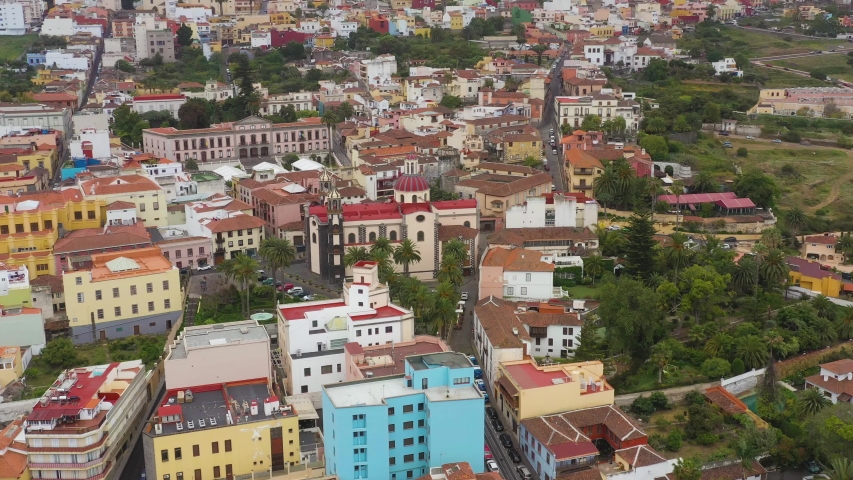 Aerial view of historic buildings and the Church of Our Lady of Conception. La Orotava, Tenerife, Canary Islands, Spain