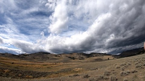 Timelapse of stratus clouds in the Lamar Valley near Slough Creek Campground, Lamar Valley, Yellowstone National Park, USA. Camera panning left to right.