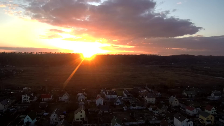 Sunset sun drone mountain lake Kiev region Ukraine naturefly over to sit down 
cottage field town night evening