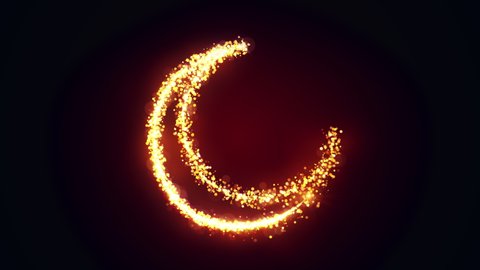Shining gold particles creating a crescent moon shape. Bright festive ramadan 3D animation with hilal symbol from glitter and sparkles on black background. 4K Holiday effect with bokeh and glow.
