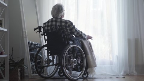 Back view of old Caucasian man sitting in wheelchair in front of big window closed with curtain and thinking. Lonely elderly man spending day alone at home. Oldness, retirement, disabled people.