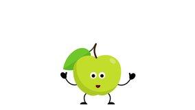 Green apple character jumps for joy. Happy fruit rejoices. Looped animation with alpha channel.