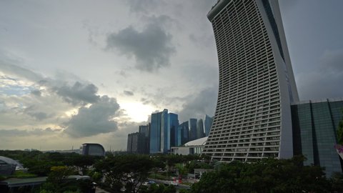 Singapore. January 2020. A panoramic view of Marina Bay Sands skyscrapers at sunset.	
