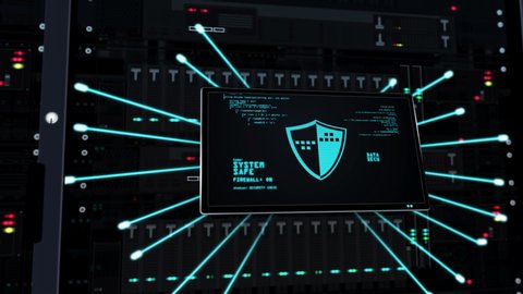Cyber security symbols on datacenter. The concept of digital protection, cyberspace, computer safety, firewall with shield and padlock 3D rendering animation. Safeguard expansion on server racks.