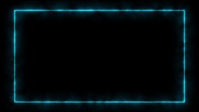 Empty frame with electric power round border glowing, burning flame sign. Blank rectangle fire with electric power around frame lights. The best stock of animation cyan blue electric power round frame
