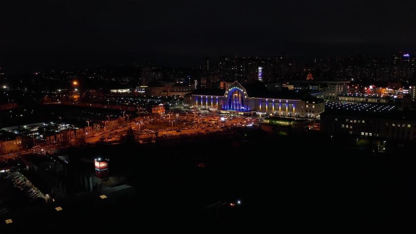 Aerial view of the railway station in Kiev at night, Ukraine