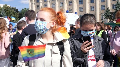 KHARKIV, UKRAINE - September 15, 2019: Claiming for equality and legal rights for LGBTQI+ community. Rainbow flag at gay or lesbian pride parade