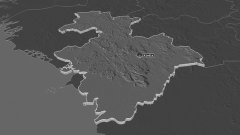 Kindia, region with its capital, zoomed and extruded on the bilevel map of Guinea in the conformal Stereographic projection