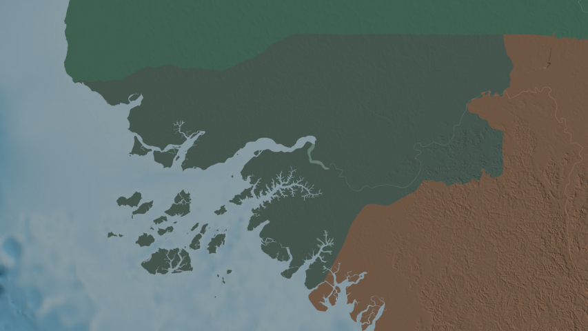 Tombali, region with its capital, zoomed and extruded on the administrative map of Guinea Bissau in the conformal Stereographic projection