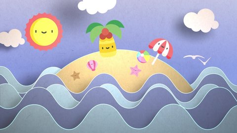 Cartoon Island with moving waves. Island Beach in the midle of the sea. Paper Style like Kids Drawing. Seamless Looped in 4k.