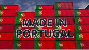 Cargo containers with MADE IN PORTUGAL text and national flags. Portuguese import or export related 3D animation - Powered by Shutterstock - Get 15% off with code: PIKWIZARD15