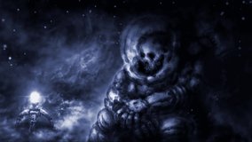 Skeleton in spacesuit 2D animation. Dead astronaut sits near flashing signal light. Crashing spaceship on moon backdrop. Open dark cosmos. Vj loop animated short film. Science fiction 4K video clip.